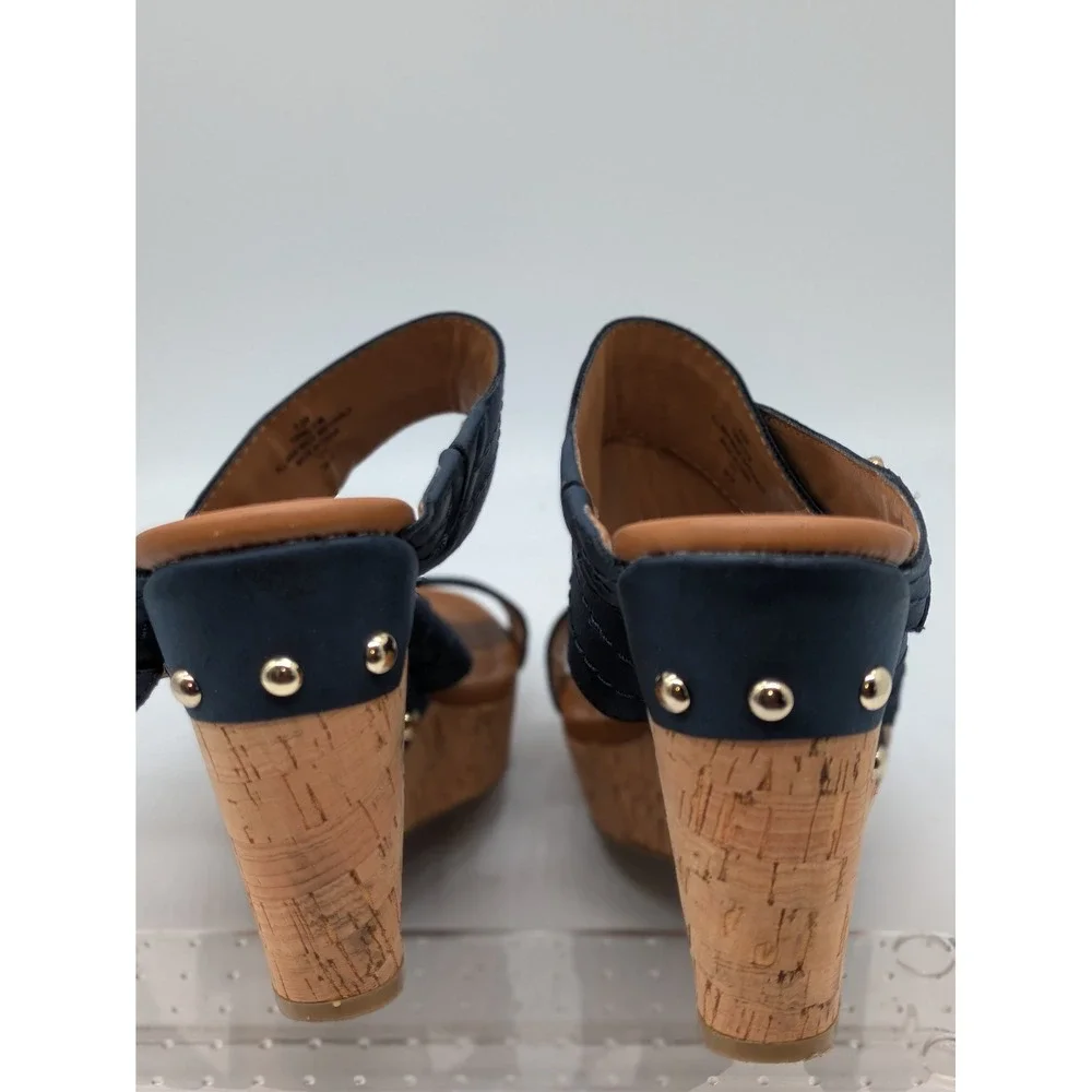 Tommy Hilfiger Womens 8.5M Navy Blue Cork Wedge Sandals Platform Gold Hardware